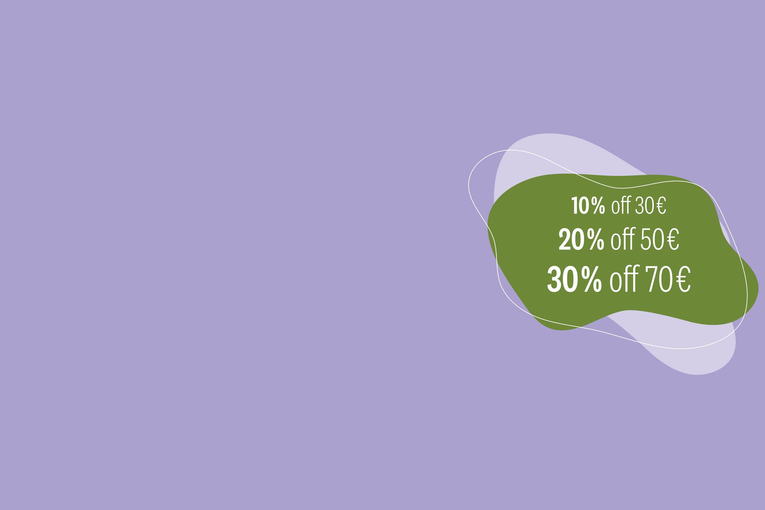 Grüne unregelmäßige Form mit weißen Rabattangeboten auf lila Hintergrund für P&T Teeaktionen.