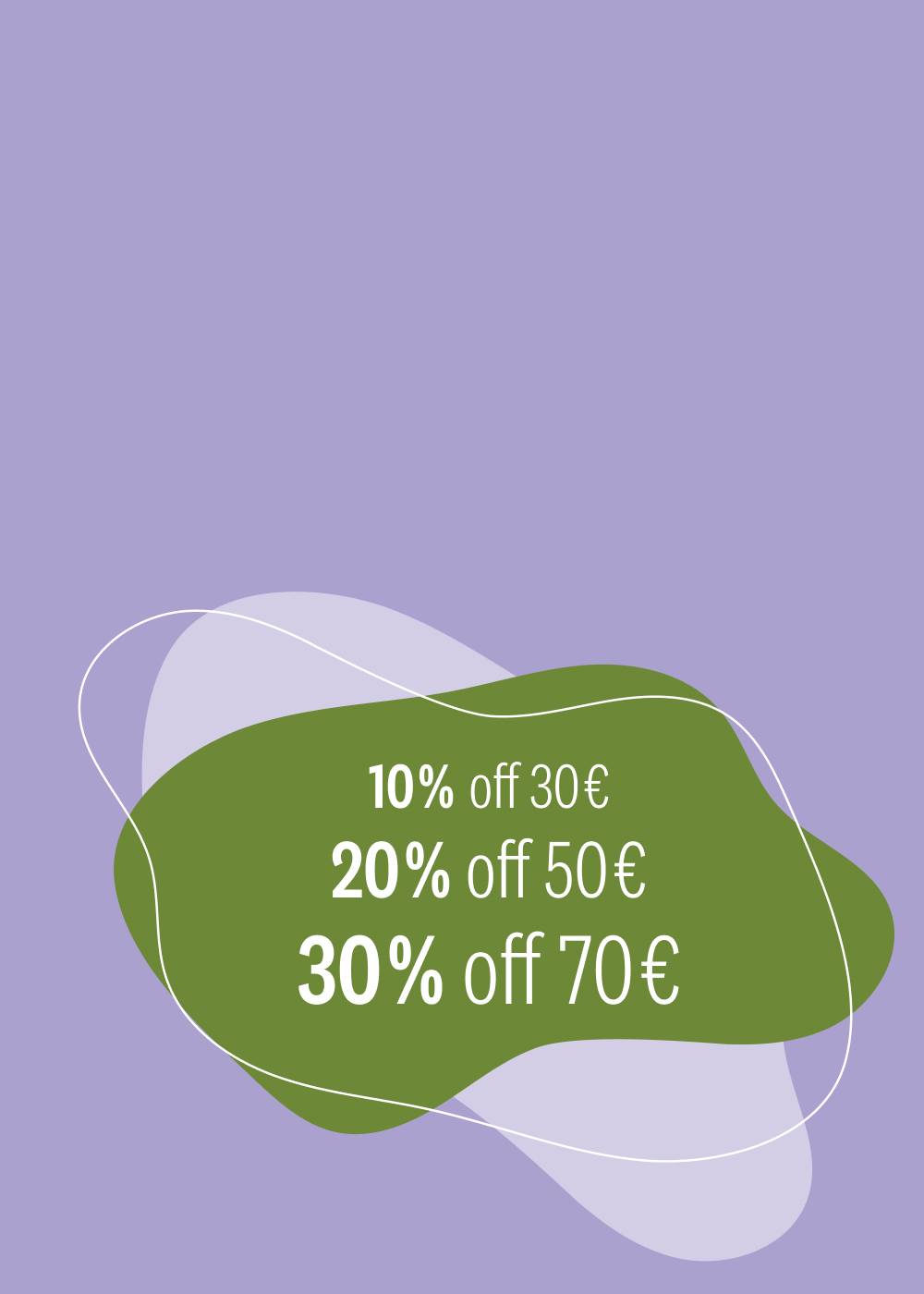 Moderner Banner mit grüner Fläche und weißen Texten zu 10 %, 20 % und 30 % Rabatt ab 30 €, 50 € und 70 € vor lila Hintergrund.