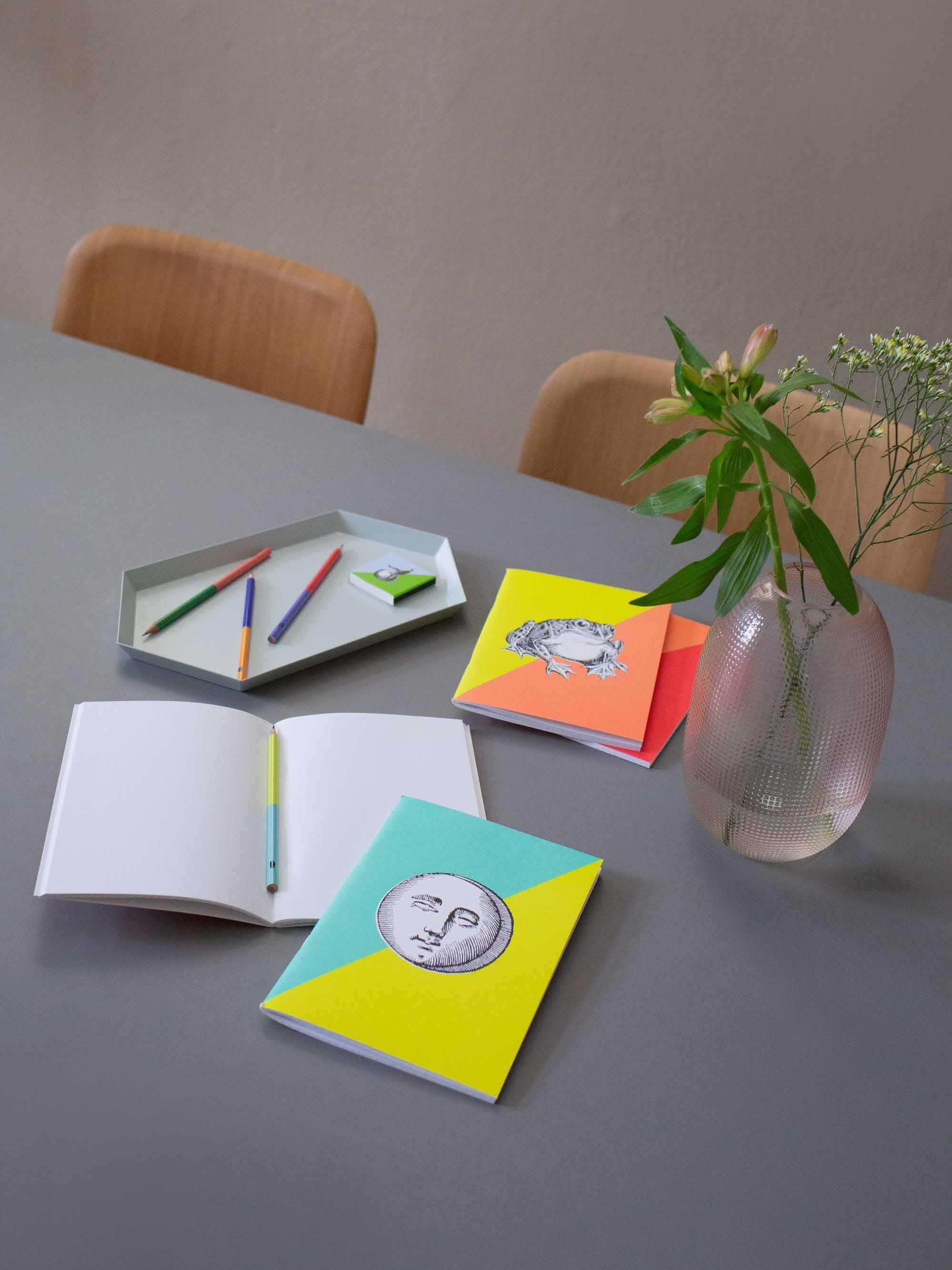 Moderner Schreibtisch mit Notizbüchern, offenem Notizblock, Buntstiften und Blumenvase.