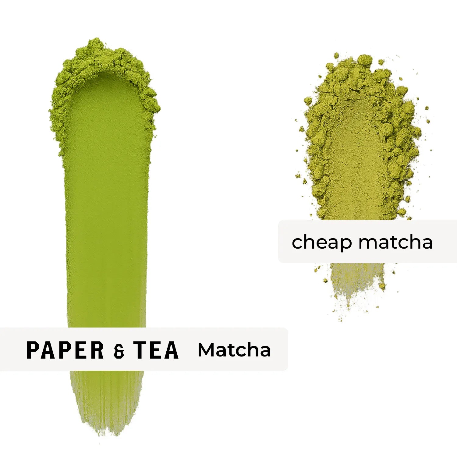 Vergleich von Matcha-Pulvern: Links glattes, leuchtend grünes PAPER & TEA Matcha, rechts körniges, blassgelbes Matcha.